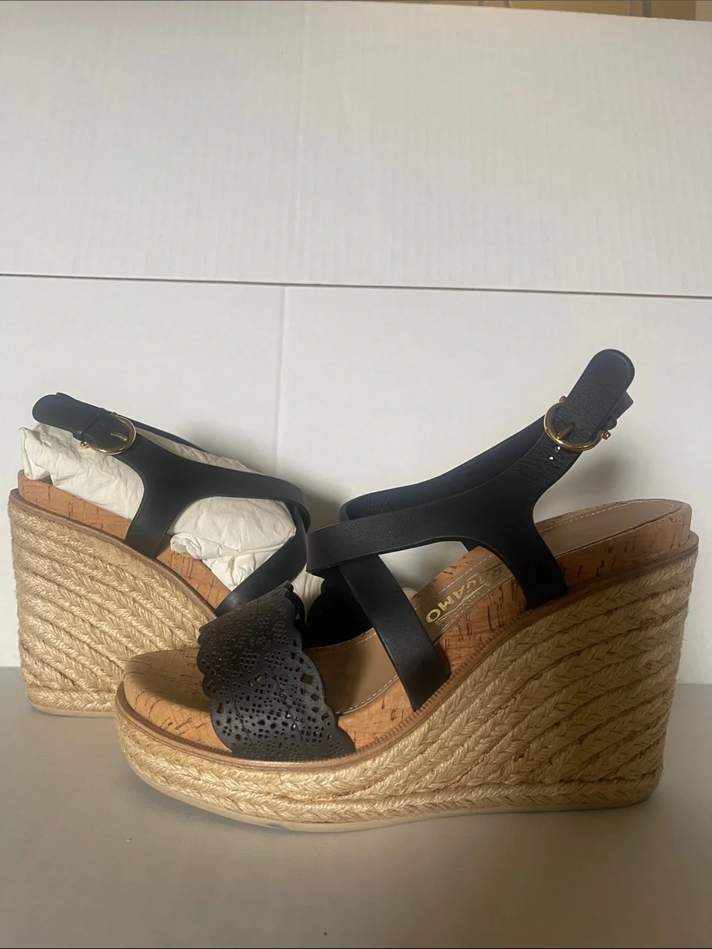 Salvatore Ferragamo Black Leather Wedge Espadrille Sandals